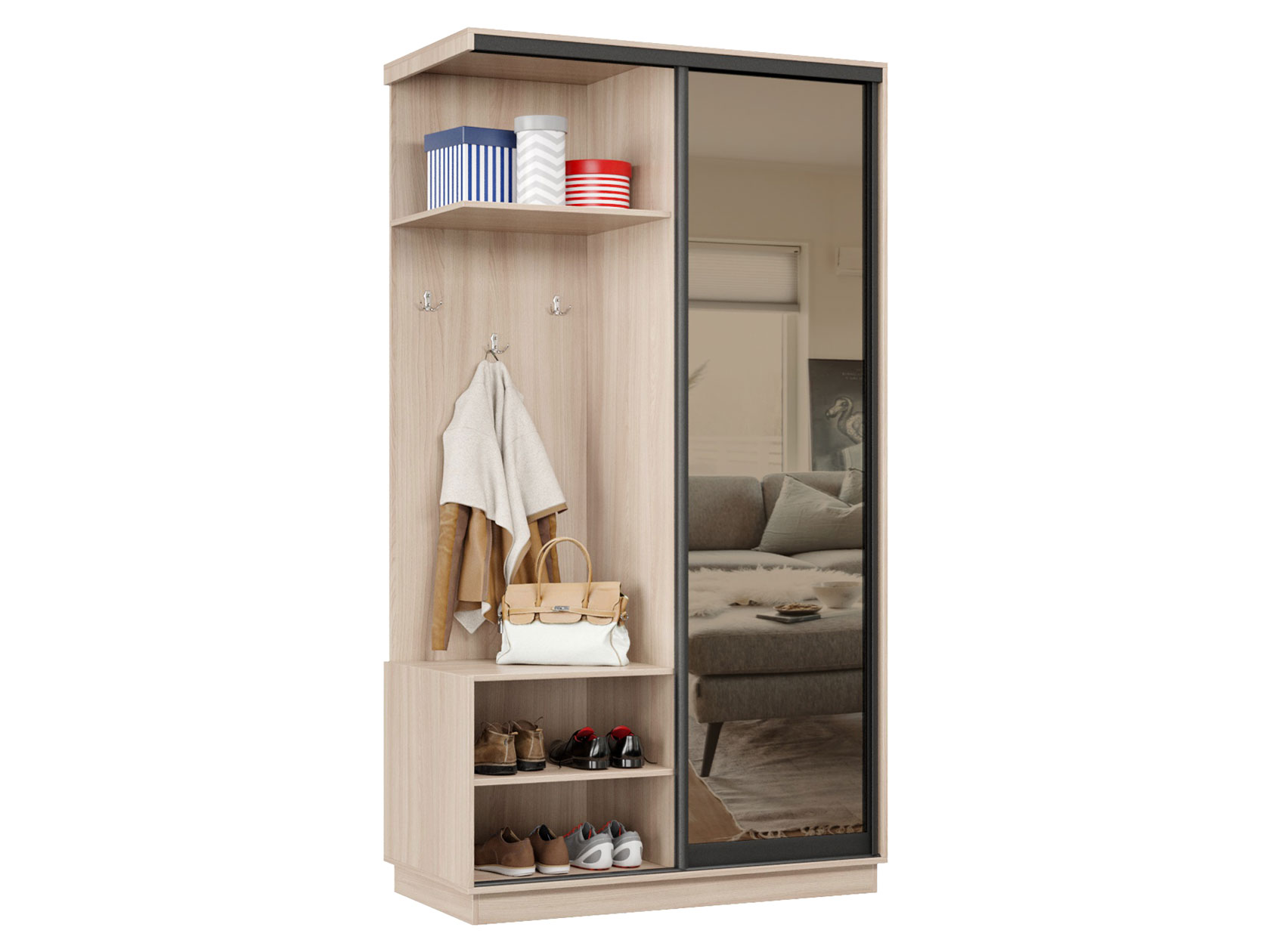 Прихожая Прихожая-купе Маршал 01/02/03/04 (фасад 01 зеркало бронза ЗБ), профиль чёрный муар 07 Маршал с открытой вешалкой фото 1