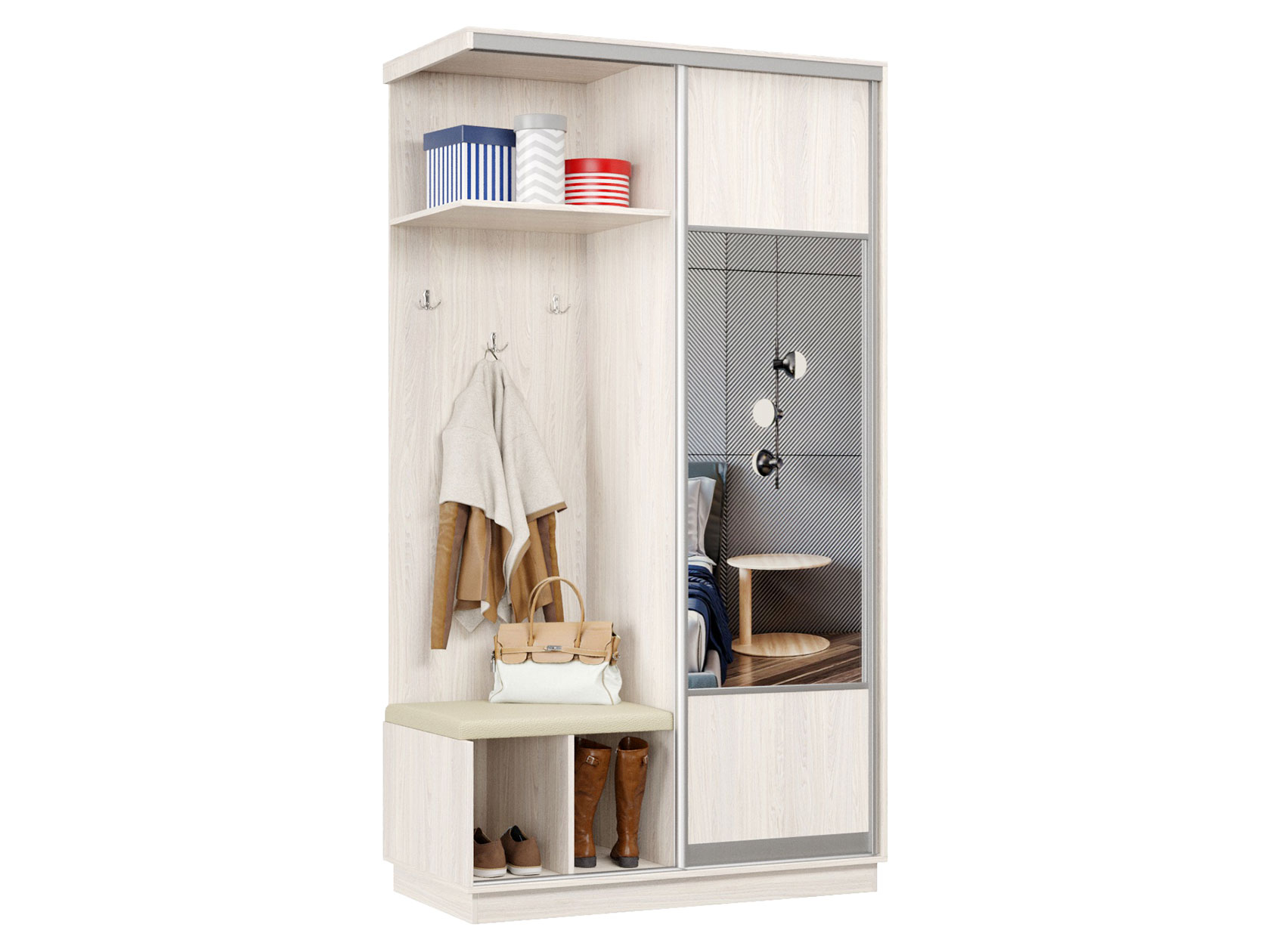 Прихожая Прихожая-купе Маршал 01/02/03/04 Мягкая (каркас ясень анкор светлый 15, фасад 05 ясень анкор светлый 15), профиль серебро 01 Маршал 05 с мягким сиденьем фото 1