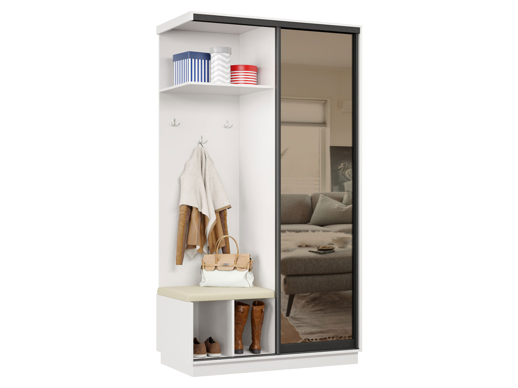 Прихожая Прихожая-купе Маршал 01/02/03/04 Мягкая (фасад 01 зеркало бронза ЗБ), профиль чёрный муар 07 Маршал 01 с мягким сиденьем фото 1