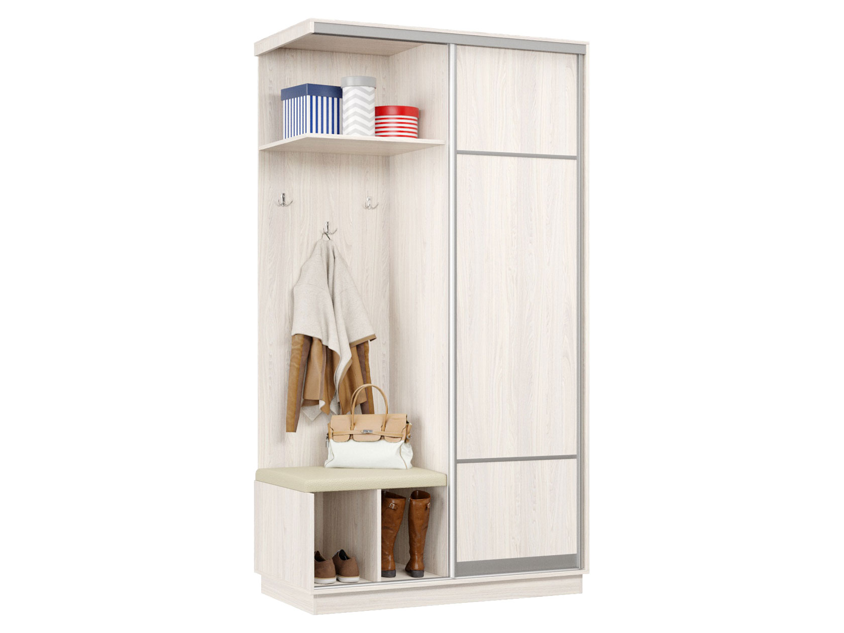 Прихожая Прихожая-купе Маршал 01/02/03/04 Мягкая (каркас ясень анкор светлый 15, фасад 08 ясень анкор светлый 15), профиль серебро 01 Маршал 08 с мягким сиденьем фото 1