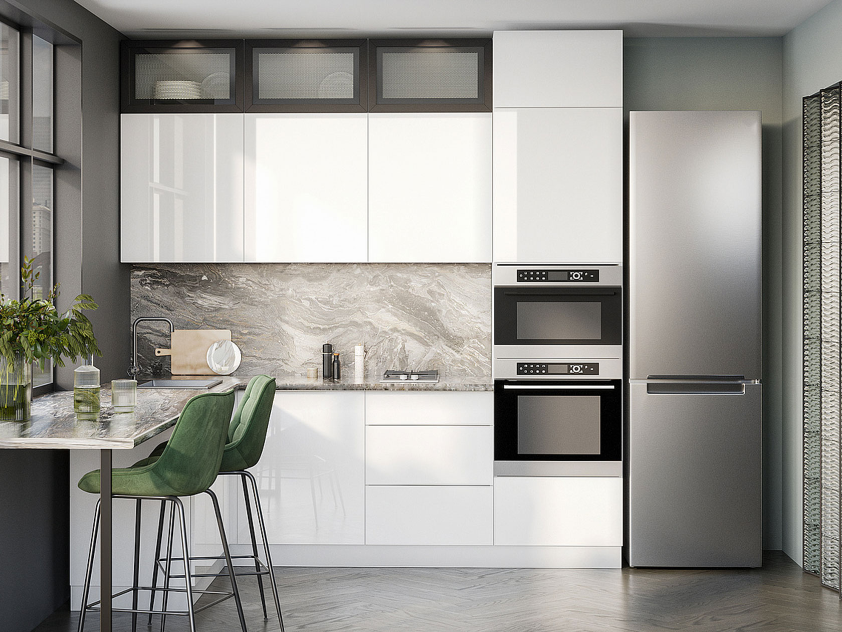 Кухонный гарнитур Кухонный гарнитур Модерн угловой 240 х 160 см со стеклом Модерн 240х160 см фото 1