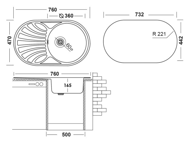 Врезная мойка Фаворит 760x470 матовая